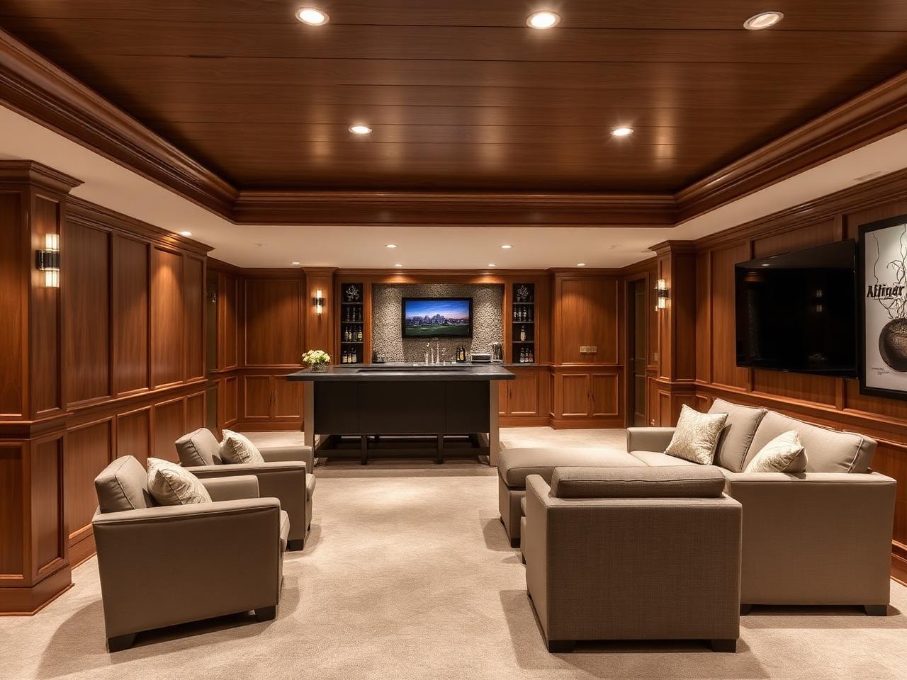Finished luxury basement with built-in bar