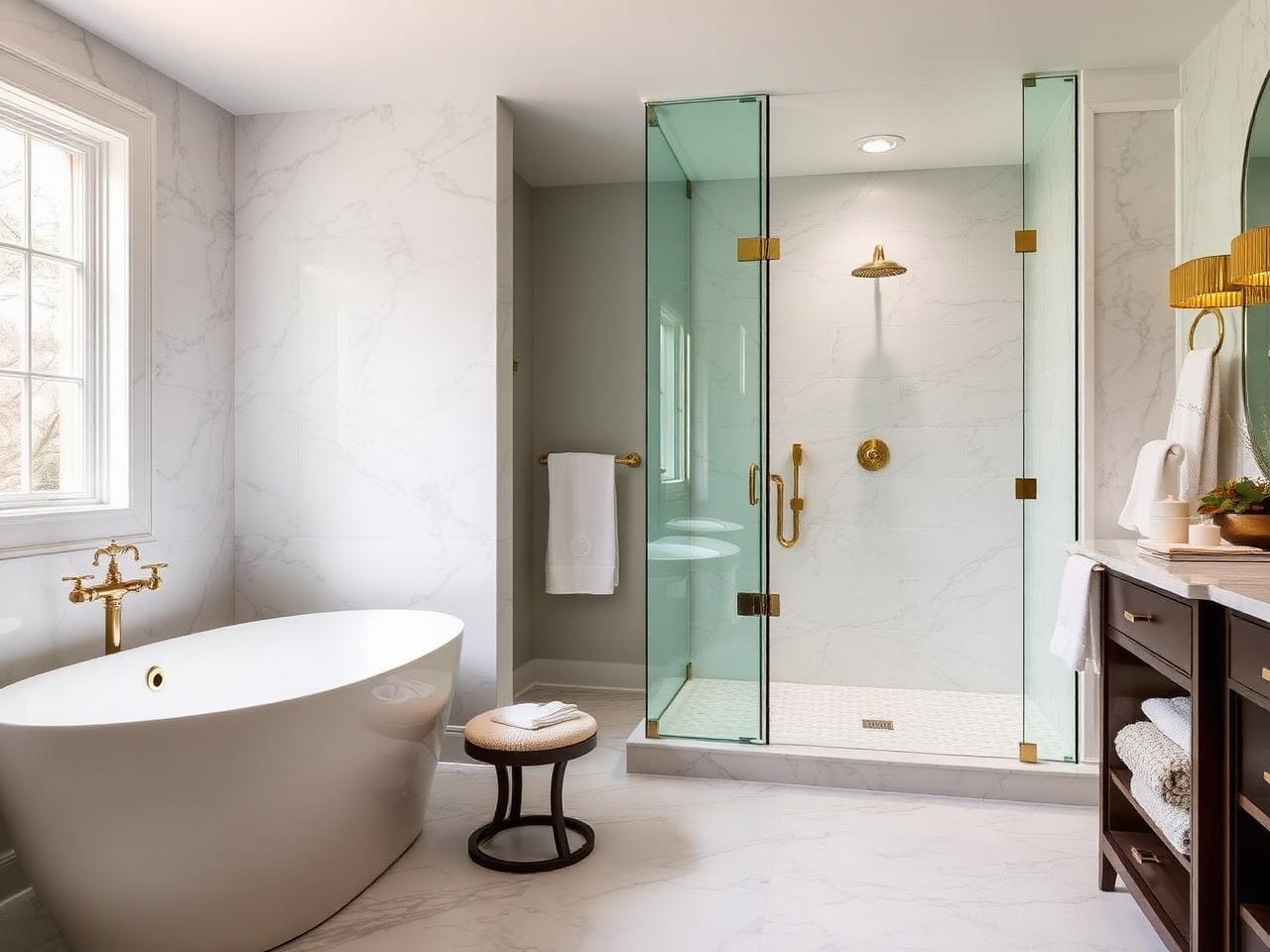 Spa-style bathroom remodel with marble and brass