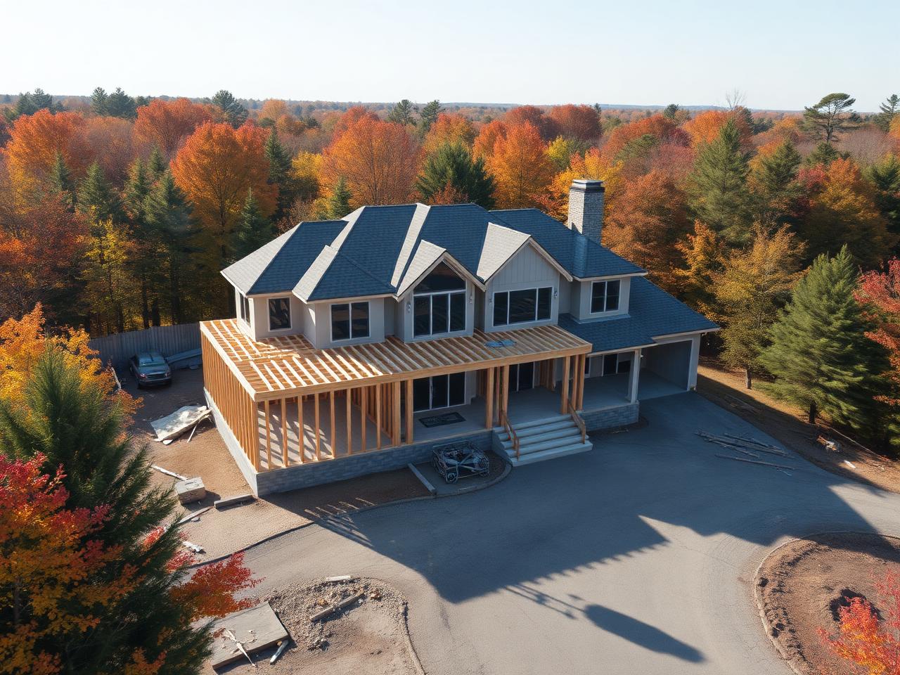 Aerial drone view of a custom home under construction